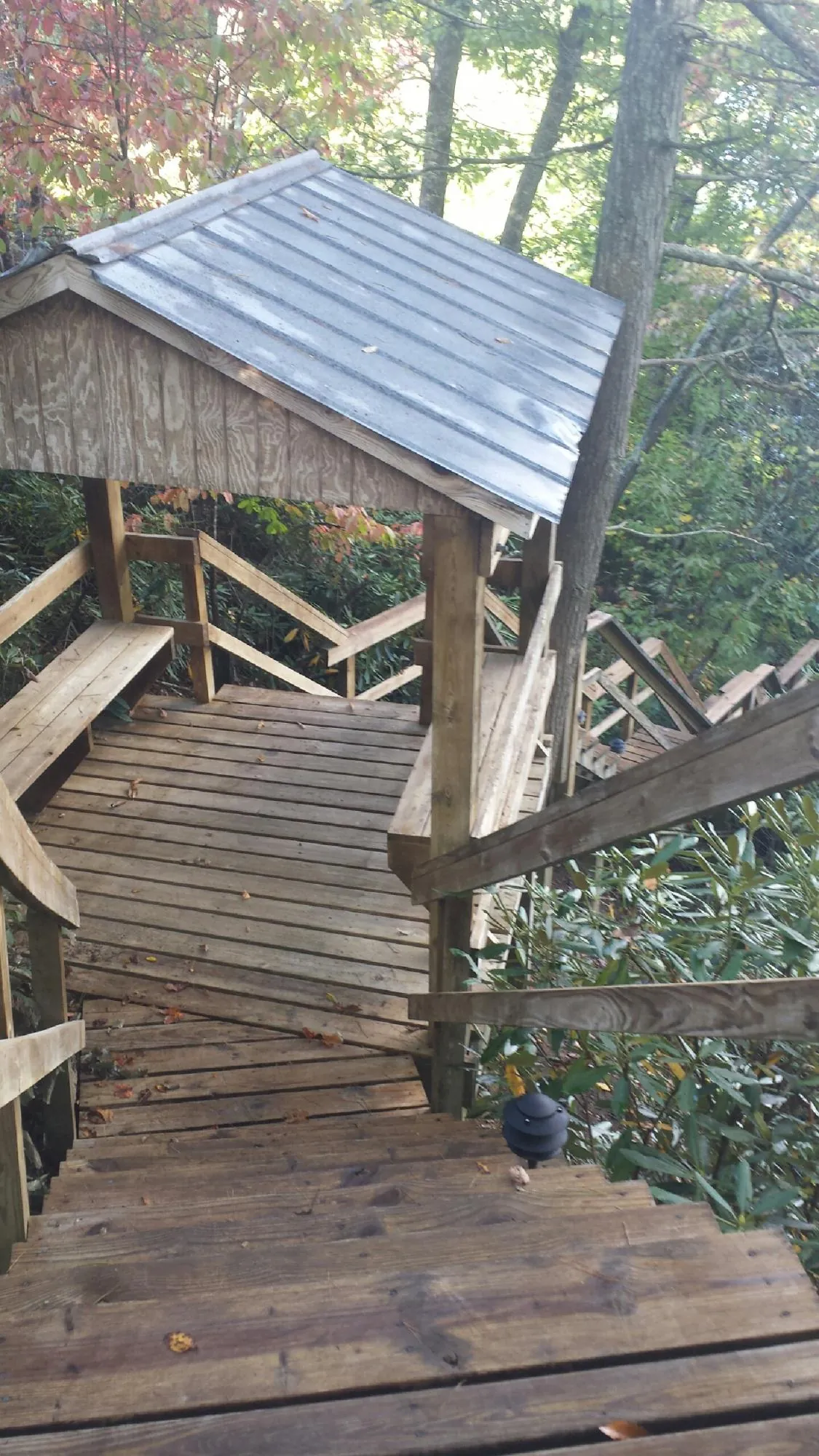 Metal roofed shelter over wooden steps on a wooded walkway — Skylight Repair & Installation work by our crew in Peachtree Corners